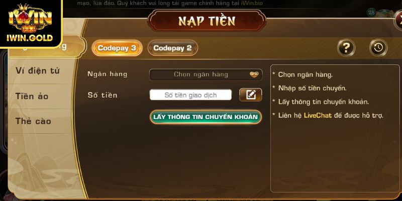 Nạp và rút tiền IWIN qua chuyển khoản
